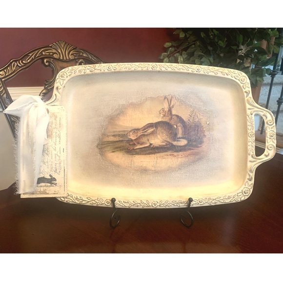 Hand Painted and Decorated Silver Tray Bunny Rabbit Picture Easter Decor Display - Picture 1 of 4